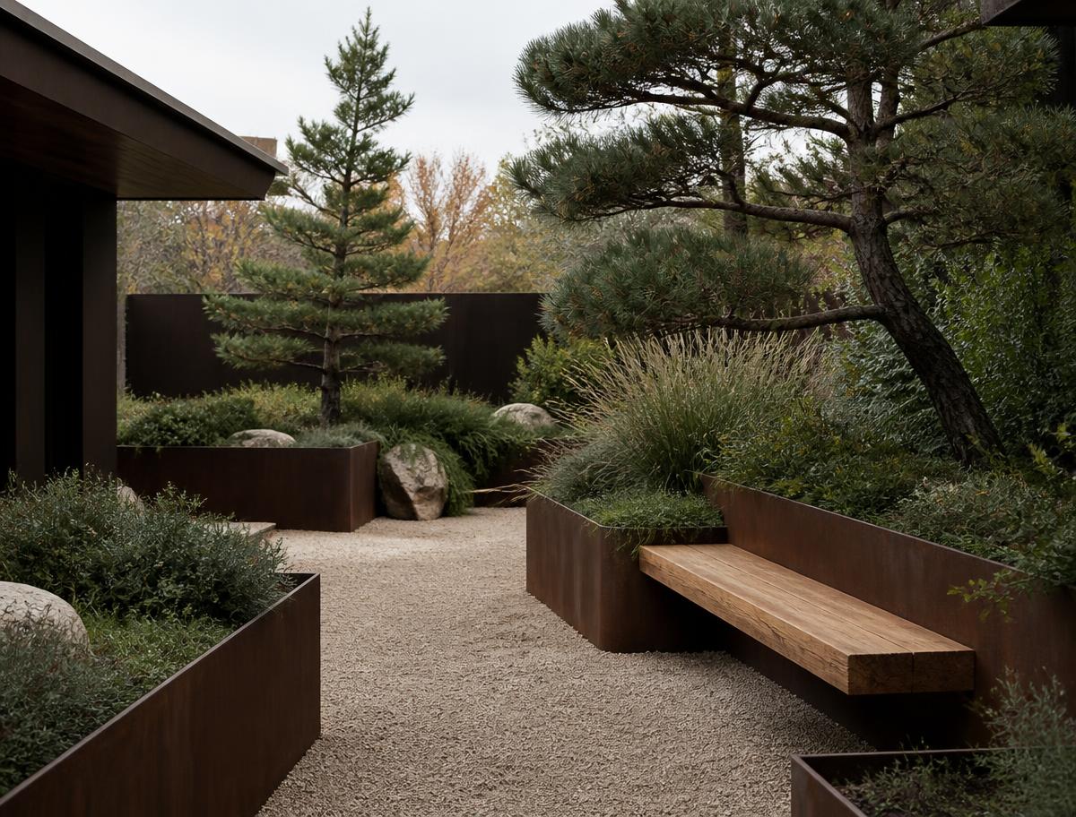 Concept visualization of a gravel courtyard with corten steel planters, sculptural pines and a floating timber bench.
