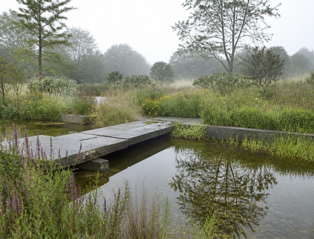 Concept visualization of a native meadow beside a shallow reflective basin crossed by a granite slab bridge in morning mist.