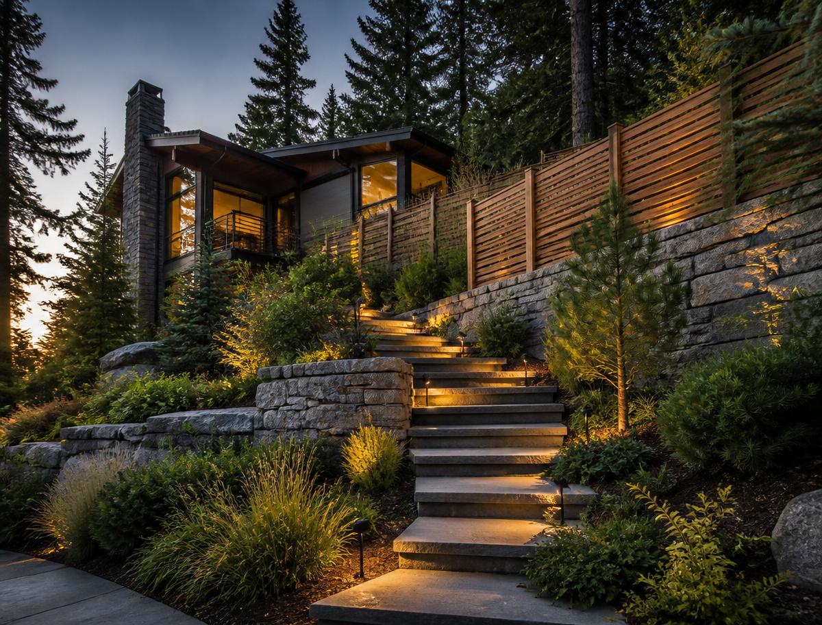 Concept visualization of dry-stone retaining walls and lit stone stairs climbing a wooded hillside to a modern house at dusk.